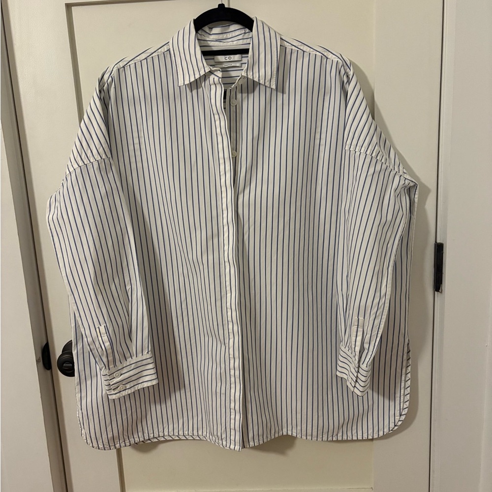 Co Collection Women’s Button Down Long Sleeve Shirt White Blue Stripes Size S